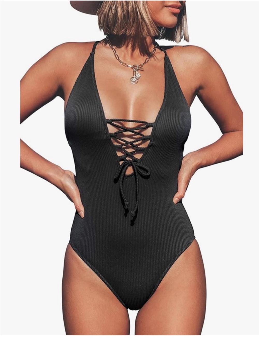 Cupshe Black One Piece Swimsuit Ribbed Sexy Size M NWT
